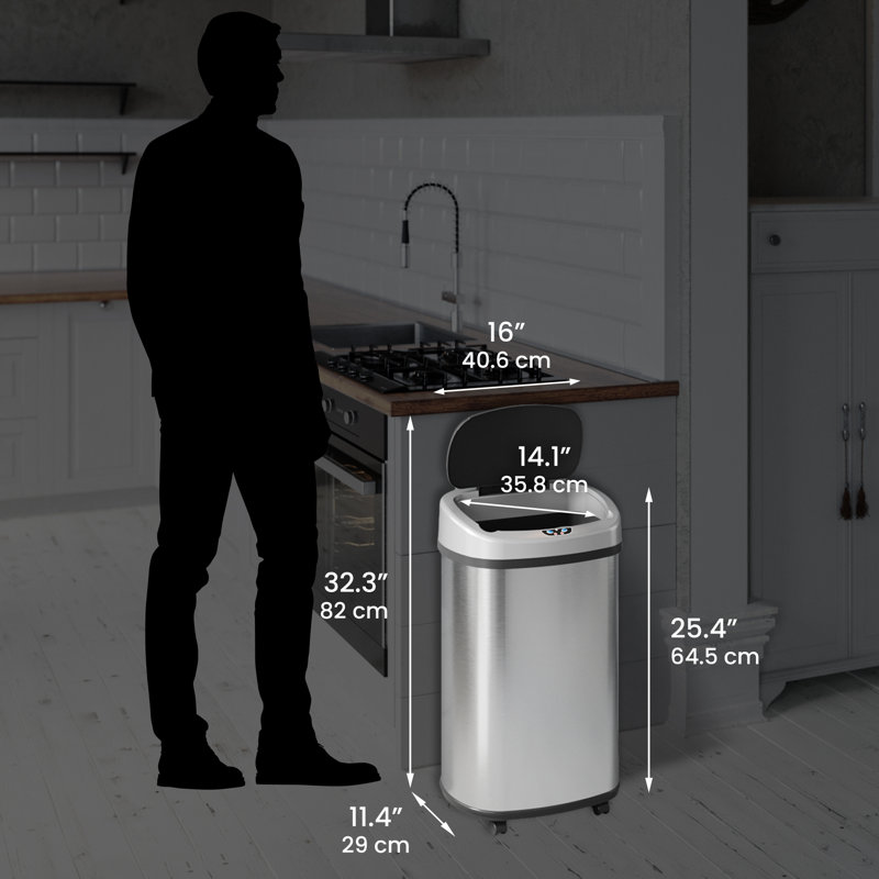 Itouchless Glide 13 Gallon Sensor Trash Can With Wheels And Odour Control System, Stainless Steel, Oval Shape Automatic Kitchen And Office Garbage Bin (powered By Battery Or Optional Ac Adapter)