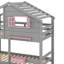 Lit superposé simple au-dessus de simple avec tiroirs, boîte de rangement, tablette, fenêtre et toit-576966571