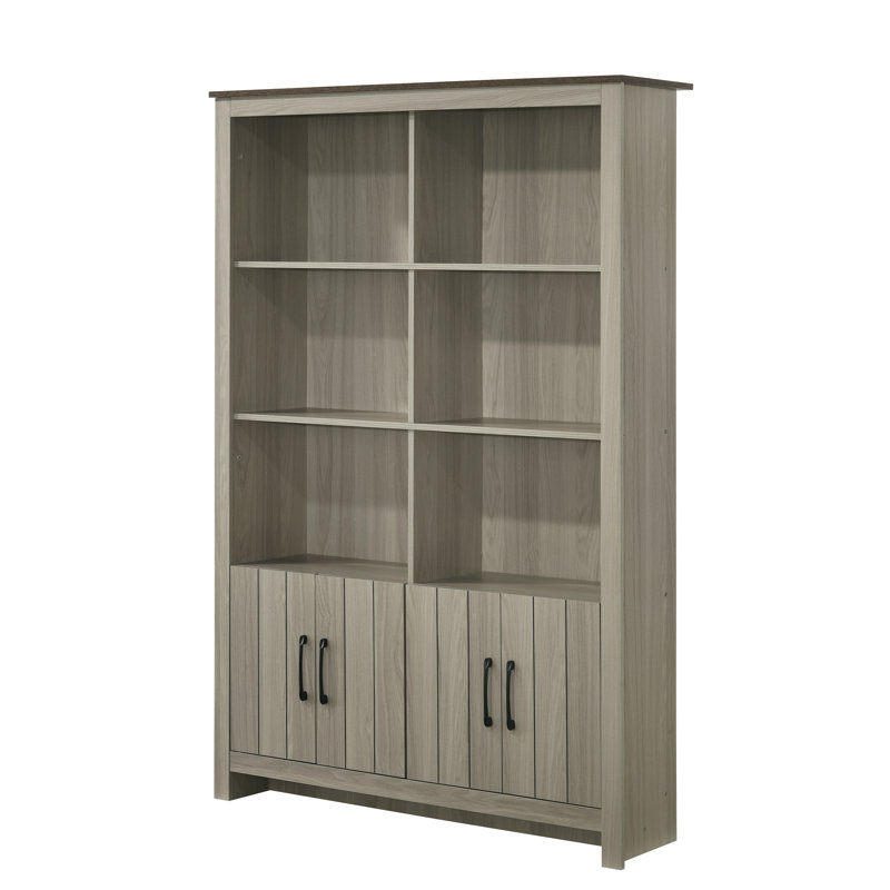 47 - Inch Gray Oak Bookcase Shelf With 4 Cabinet Doors, 6 Shelving Sections, Fixed Shelves, Graceful Walnut Finished Top Contrast, Tip Over Protection Feature, 12.5 In Deep, 70.5 Tall, 110 Lb Of 47"W