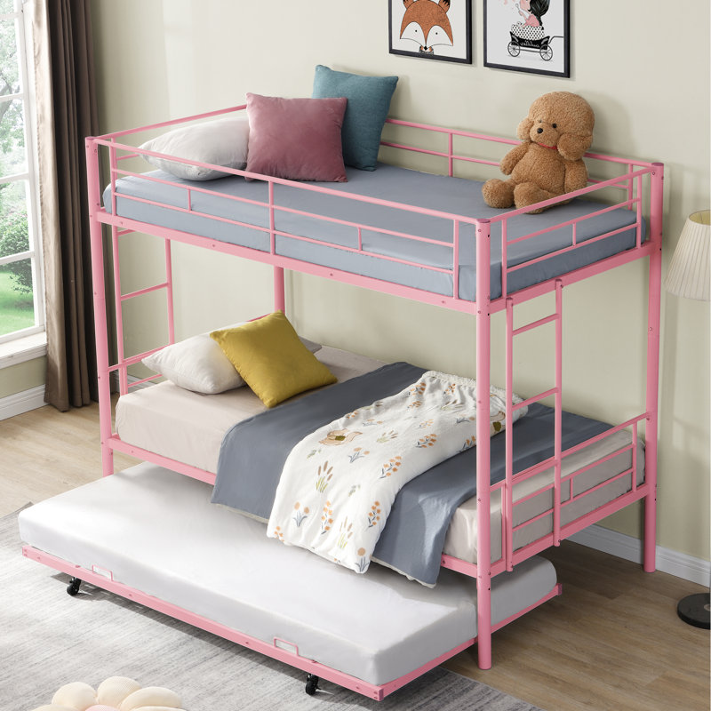 Lit superposé en métal avec lit gigogne rose - option de chambre à coucher moderne, économise de l'espace efficacement, structure en acier pour la durabilité, performance silencieuse et stable, grande capacité de charge, sécurité des escaliers sécuritaires, lit simple