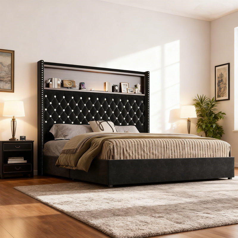 Tufted Velvet Platform Bed with 52'' Wingback Headboard,Storage Shelf,USB Charging Port & Night Light, Black, Queen