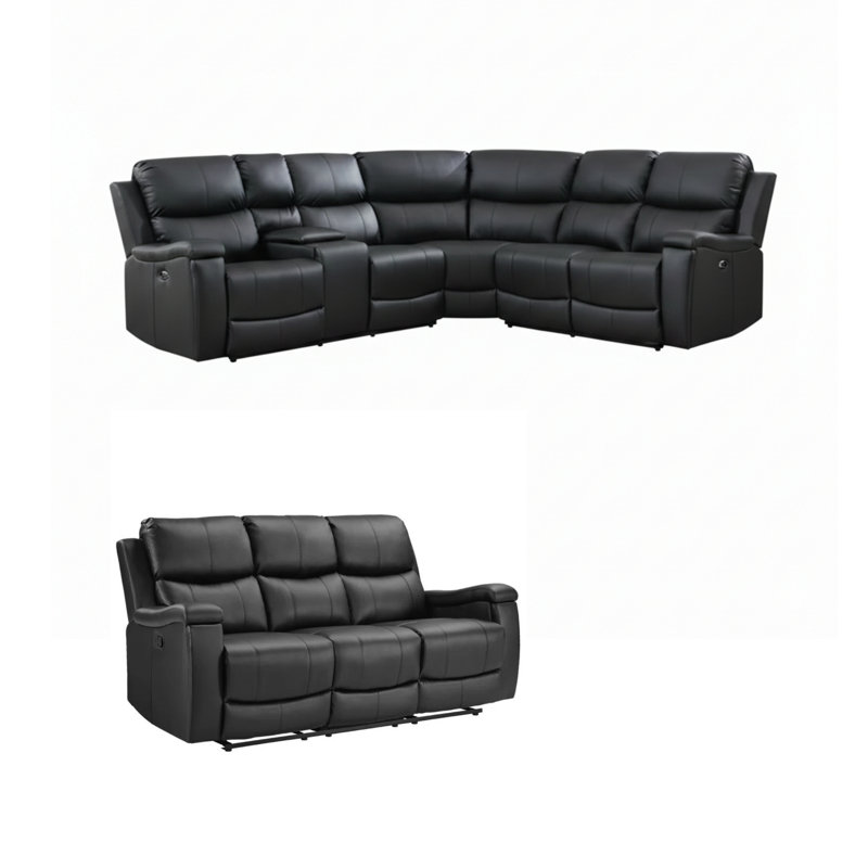 Hunstant 2-Piece Reclining Corner Sectional Sofa And Couch Set With Cupholder & Usb Ports, Midnight Faux Leather