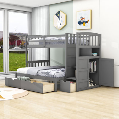 Eadon Kids Twin Over Twin/Full 3 Drawers Bunk Bed with Storage Shelves, Convertible Bottom Bed