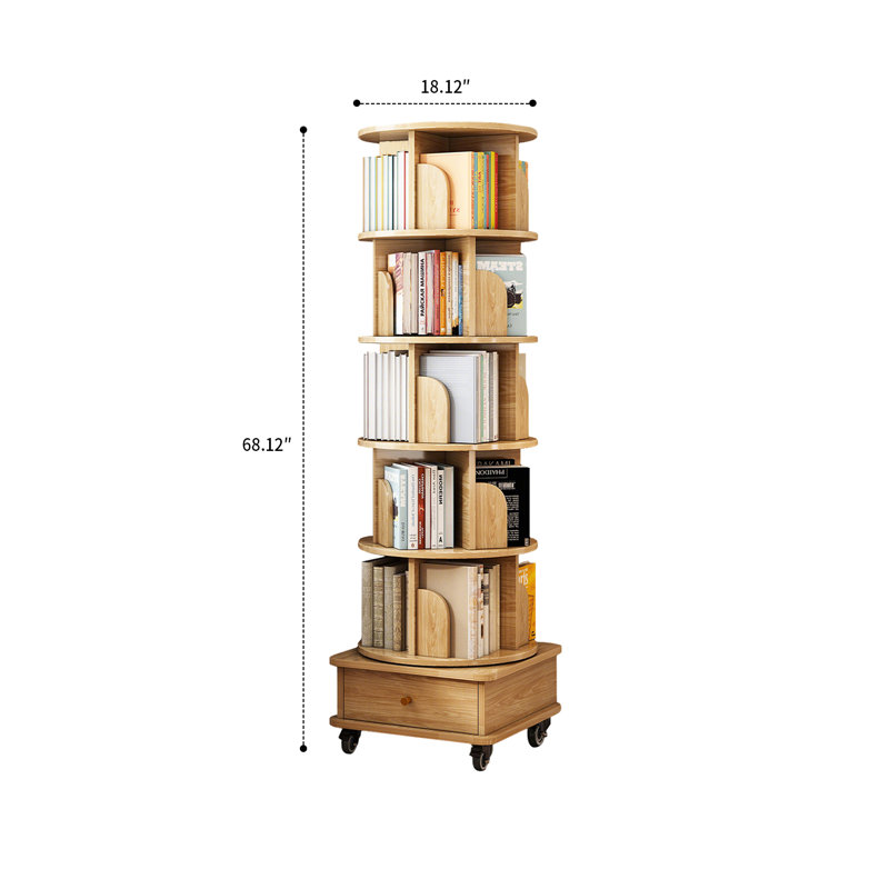 Tall 360° Rotating storage bookcase Bookshelf with Drawer and Locking Wheels for Living Room or Study, Wood