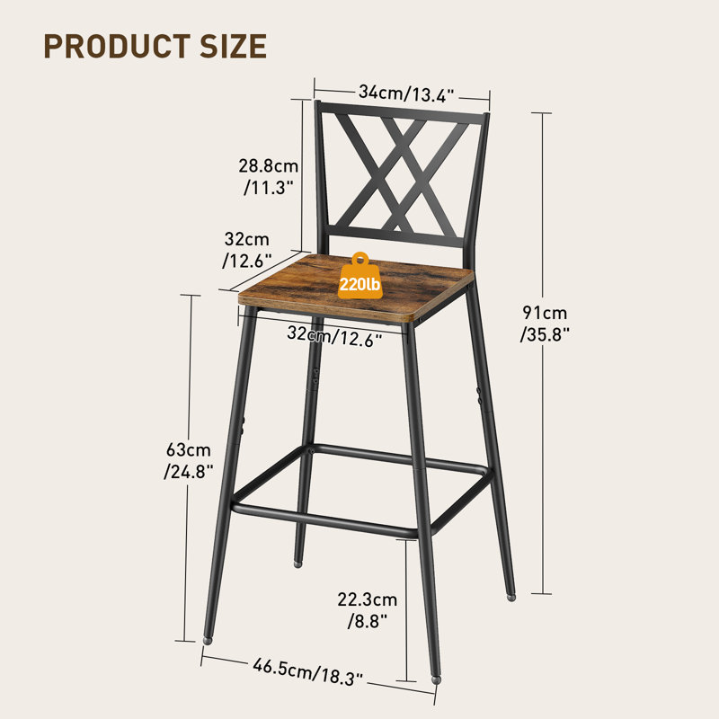 Tabourets de bar, ensemble de 2 tabourets à hauteur de comptoir avec dossier et repose-pieds, tabourets de bar de style industriel avec pieds fuselés et pieds réglables, pour la cuisine, la salle à manger, le bar et le café