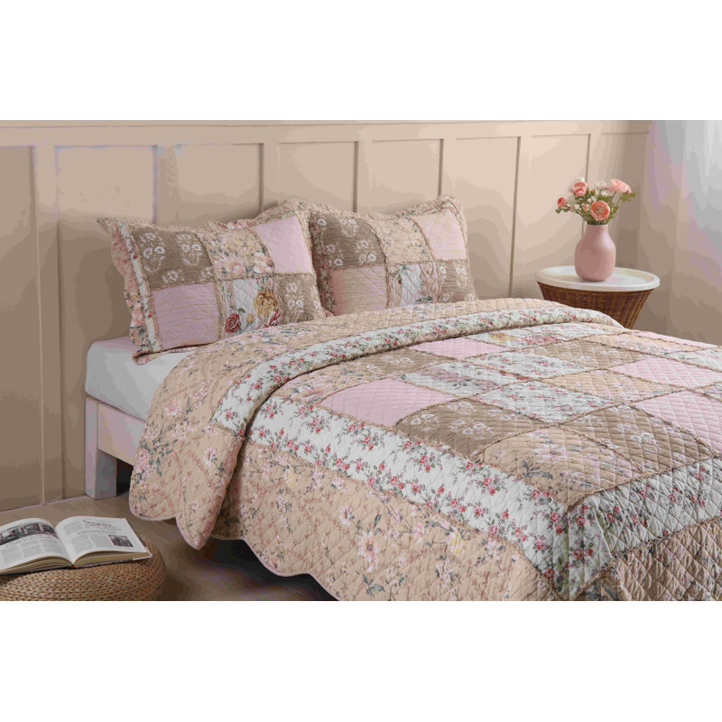 HoneiLife  Elegant Pink Style  Cotton Handmade Patchwork 3-Piece  King Size Quilt Sets, King Quilt + 2 Standard Pillowcases