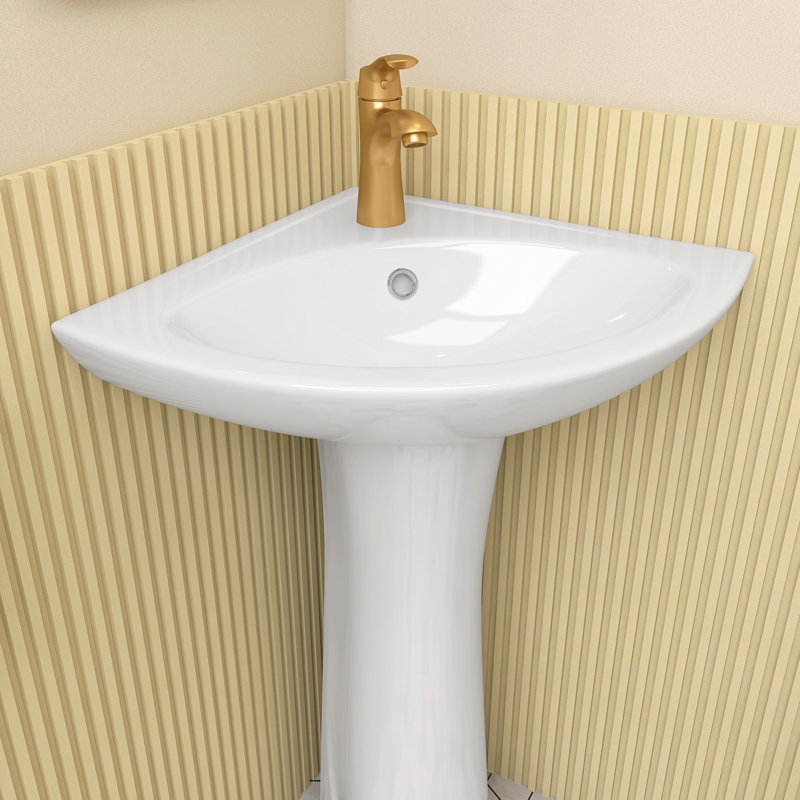 23 Inch Corner Pedestal Bathroom Sink in White Vitreous China for Bathroom and Corner Space Saving 