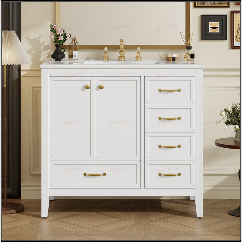36"Solid Wood Frame Bathroom Vanity With 4 Drawers, White