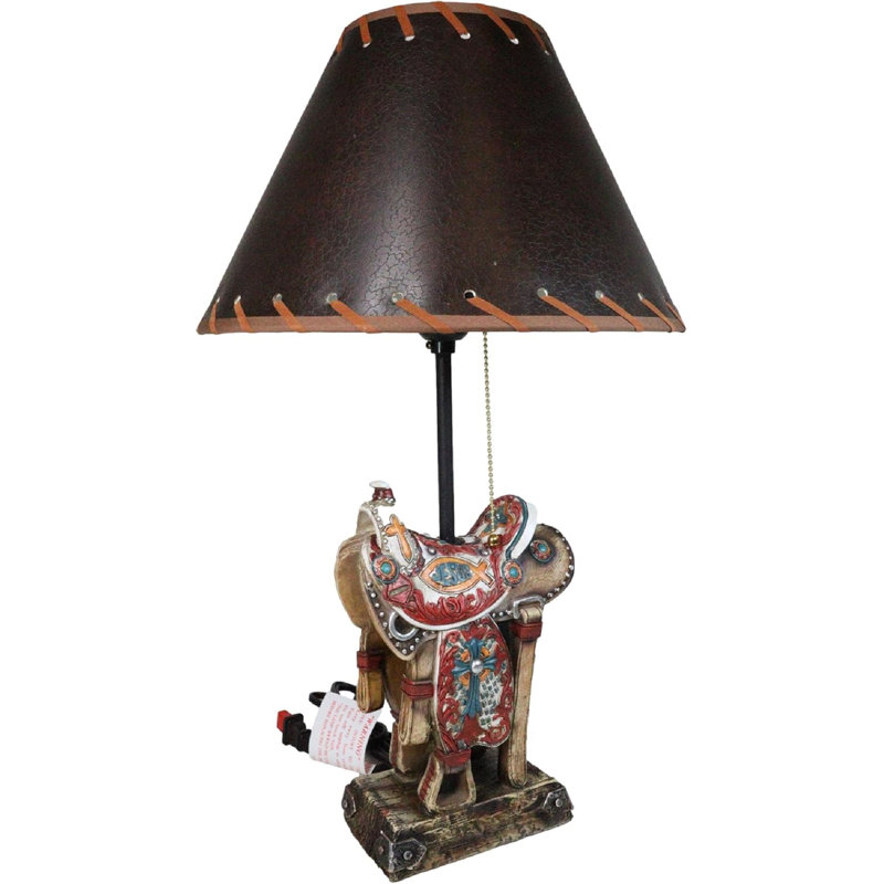 Rustic Western Cowboy Horse Saddle With Ichthys Jesus Fish Symbol Table Lamp