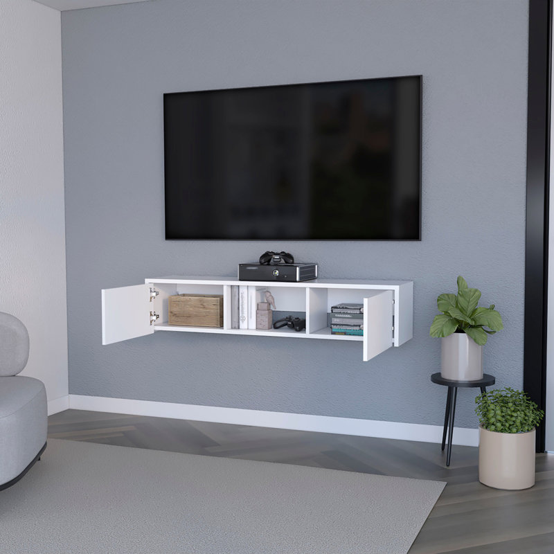 Meuble télé flottant, console murale élégante avec 2 portes, Bois massif et bois manufacturé