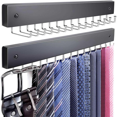 Tie Rack Wall Mounted, Belt Hanger, Tie Organizer for Closet, Wooden Tie and Belt Organizer, 28 Folding Hooks, Durable Belt Rack for Closet Wall Mount, 2-Pack, (Black)