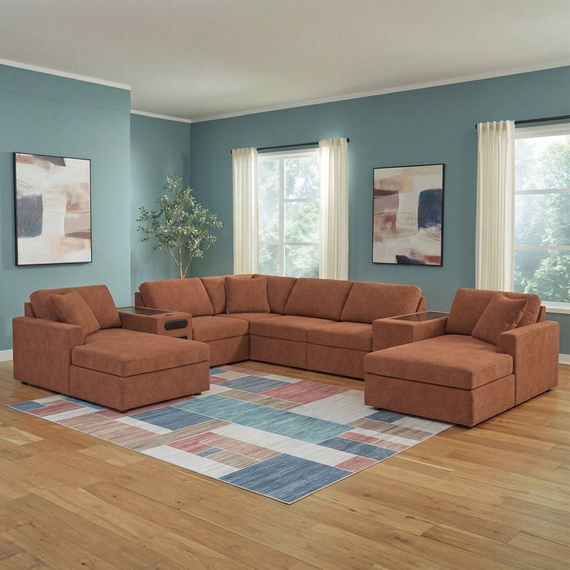 Canapé modulaire double 8 pièces Braintree avec audio et consoles de rangement, Polyester beige