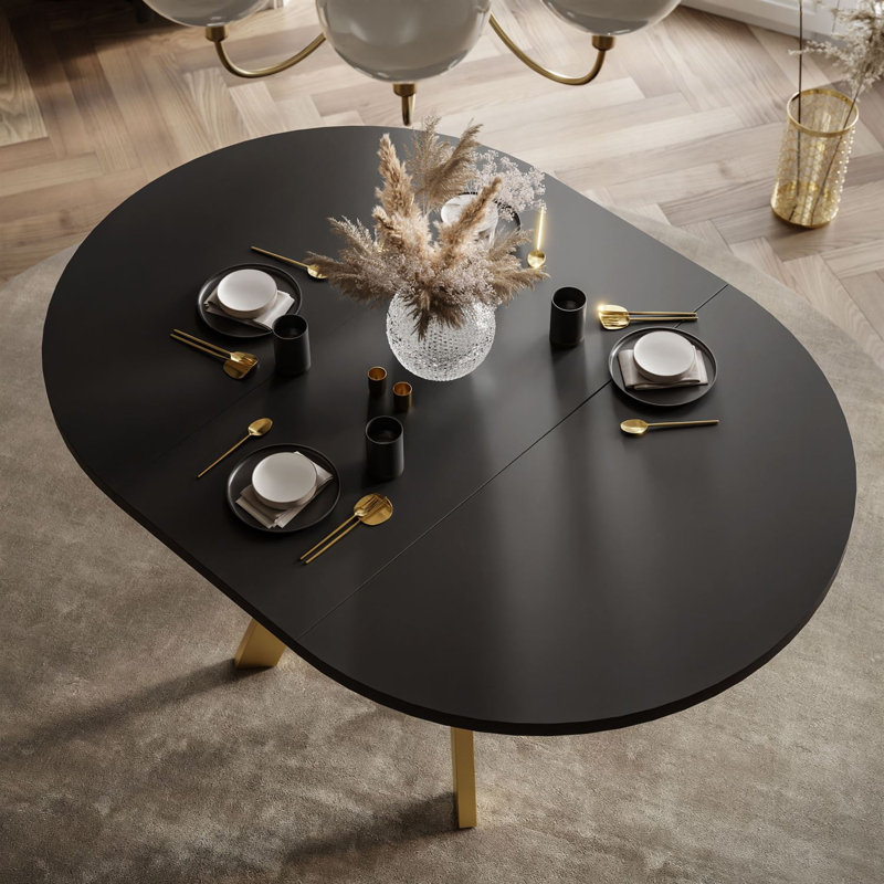 Extendable Round Metal Base Dining Table, Gold, Black