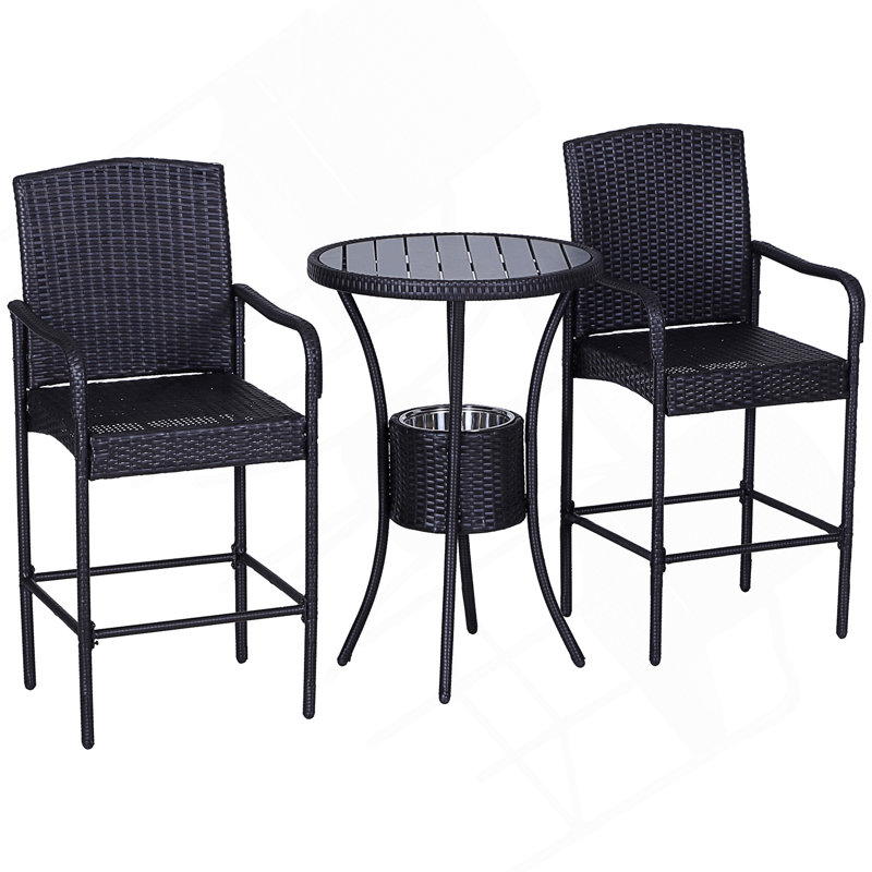 Rattan Wicker Bar Set For 3 PCS With Ice Buckets, Patio Furniture With 1 Bar Table And 2 Bar Stools For Poolside, Backyard, Porches