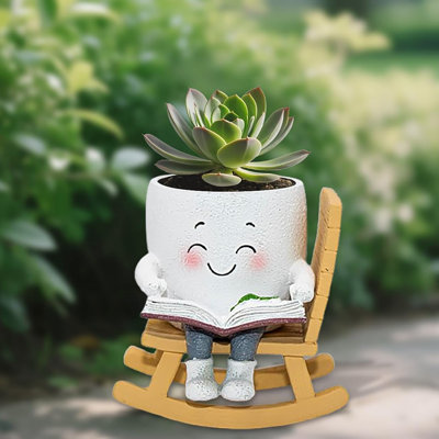 Reading themed Planter with Drainage Holes: Durable Resin, Rocking Chair Design