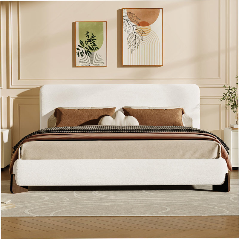 Élégant lit tapissier de taille Haledon avec pieds en bois massif brun foncé, centre de chambre luxueux et confortable, blanc