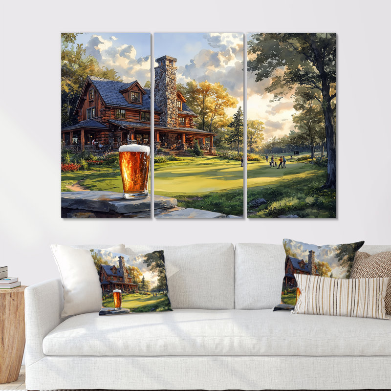 Parcours de golf vert avec chalet confortable IV - ensemble d'art mural de golf, Métal métal, H 32 po x l 48 po x P 1 po
