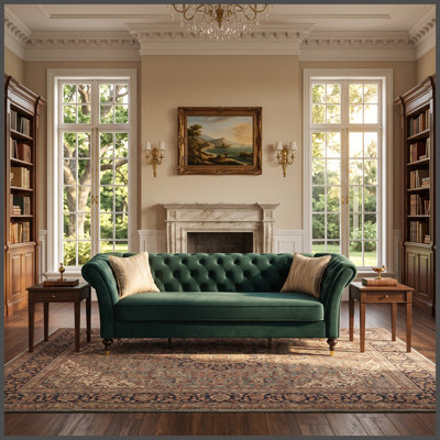FX-P31-RG (SOFA 834-14)88.5" Emerald Green Velvet Chesterfield Sofa,Deep Button Tufted 3-Seater Couch with Rolled Arms&Turned Wood Legs with Brass Accent Mid-Century Modern Velvet Sofa with 2 Pillows