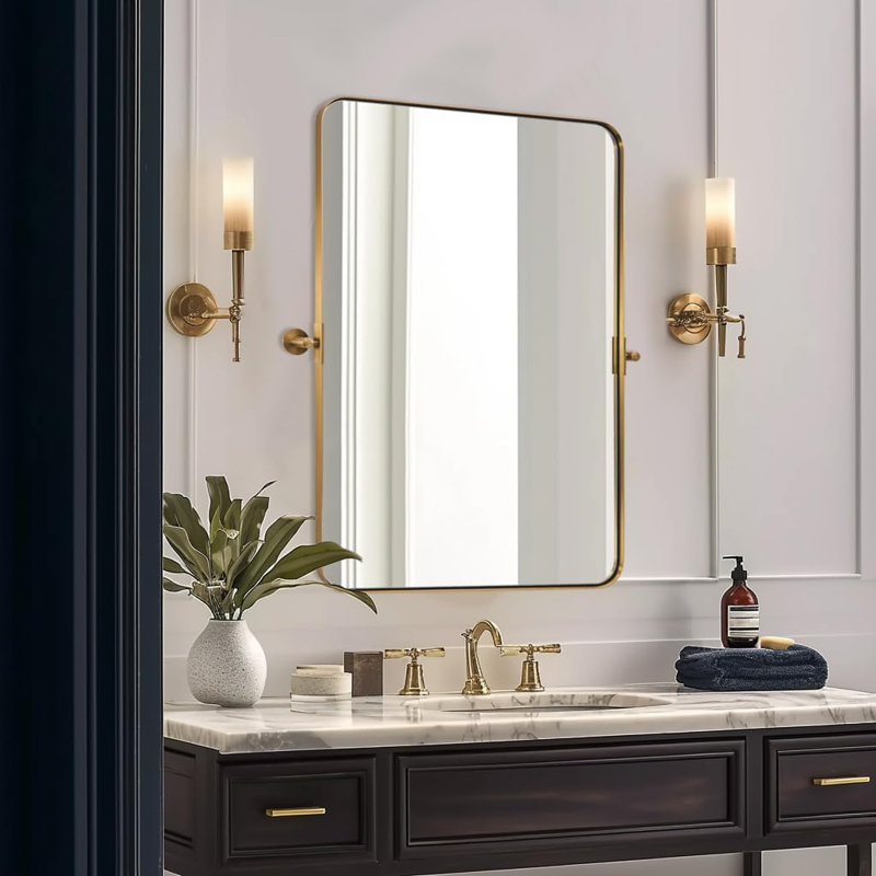 Modern Tilting Bathroom Vanity Wall Mirror | Stainless Steel Pivot Frame, 36" x 24", Brushed Gold