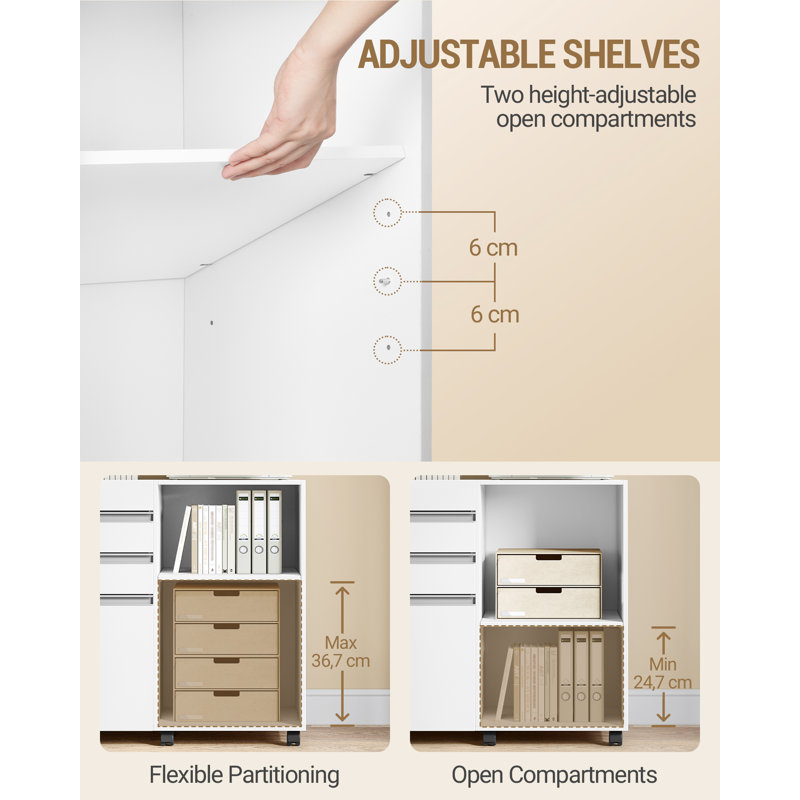 3-Drawer Mobile File Cabinet, Filing Cabinet with Lock, Under Desk Storage with 2 Adjustable Shelves, Fits A4, Legal, Letter, for Home, Office and School, 40 x 80 x 65 cm, White
