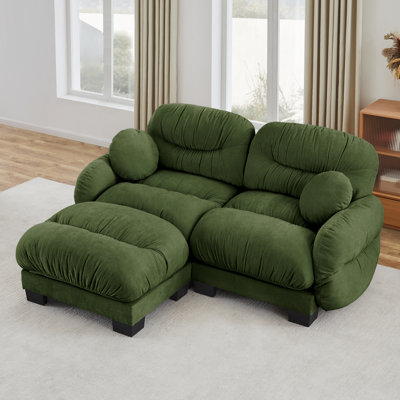 82" Pleated Design Modular Sofa L Shape with Ottoman and Throw Pillows Green Chenille Fabric