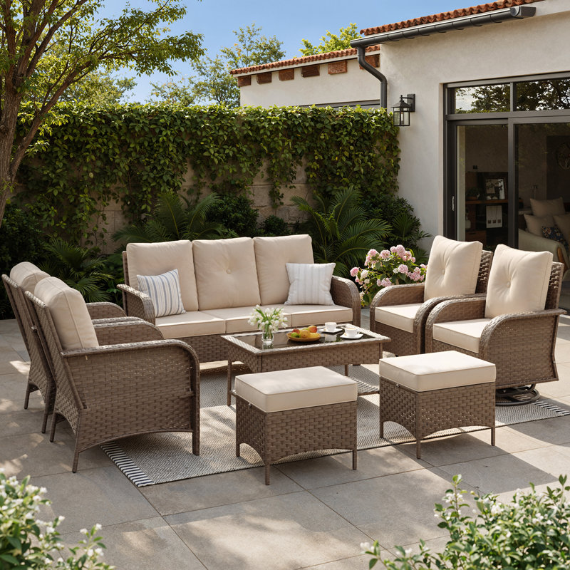 8-Piece Outdoor Patio Conversation Set with Swivel Rocking Chairs, All-Weather Wicker & Steel Frame Outdoor Furniture Set with Storage Coffee Table, Ottomans for Backyard, Porch, Garden
