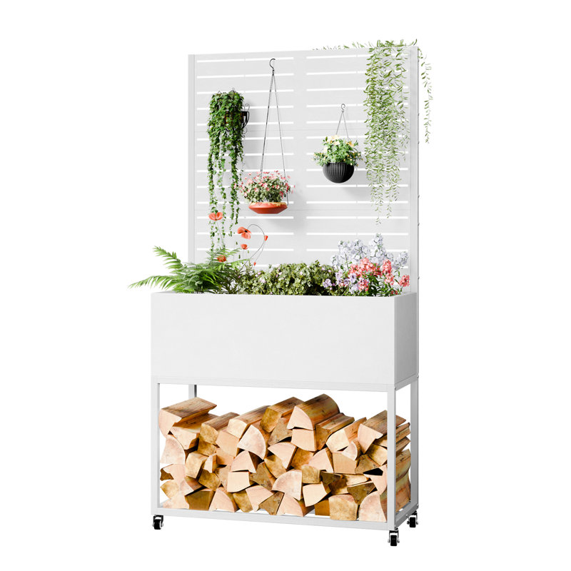 35.43" Wide Galvanized Steel Planter With Trellis & Wood Storage, Mobile Outdoor Privacy Screen With Deep 11.81" Planter Box & Drainage Holes