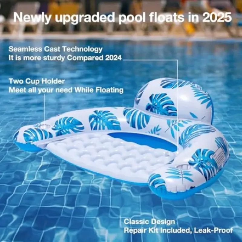 Paquet de 2 flotteurs de piscine gonflables avec porte-gobelets - Polyéthylène haute densité durable, capacité de 1 à 3 personnes, conception ergonomique pour adultes, fêtes à la plage, à la piscine, au lac et dans la cour arrière, flotteurs de p