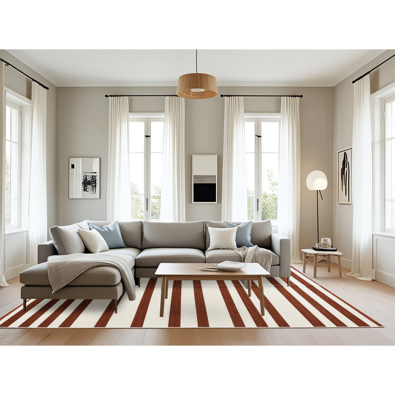 Tapis beige à rayures horizontales lavable à la machine, Rectangle 8 pi x 10 pi