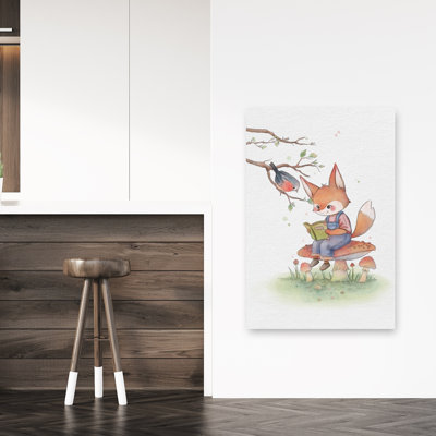 Mignon renard lisant un oiseau serein paisible et paisible, forêt, art mural