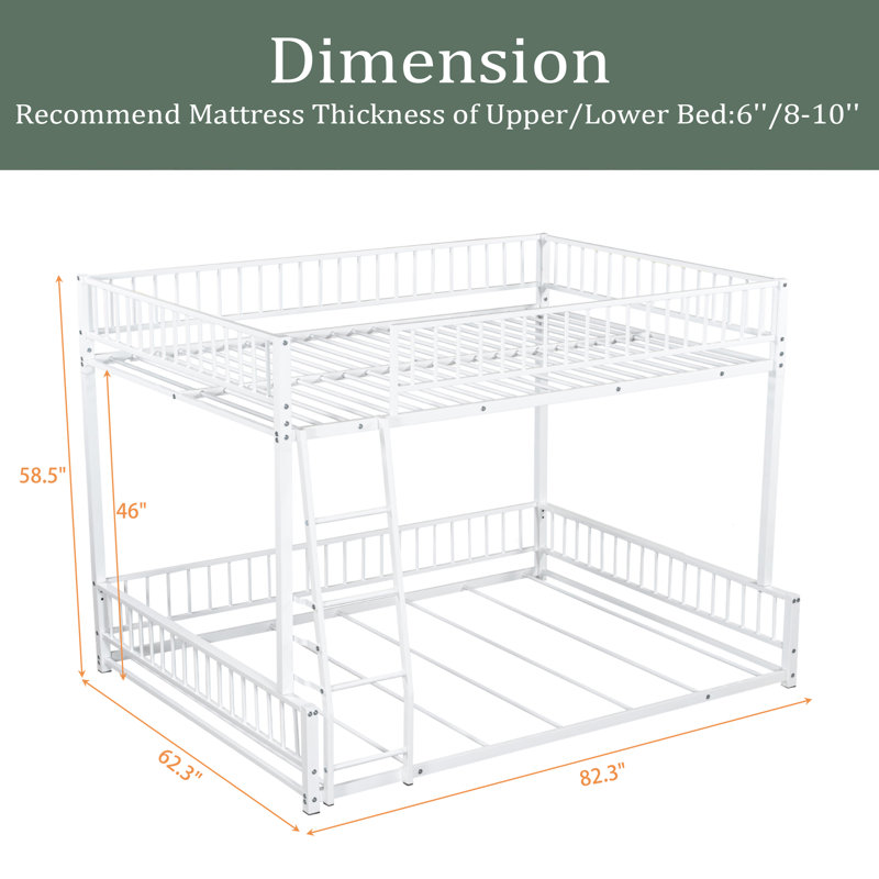 Floor Bunk Bed Frame With Ladder And Safety Guardrails, Easy Assemble, White, Full XL Over Queen