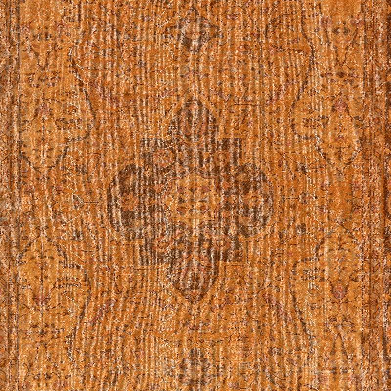 Tapis turc en laine fait à la main 7 x 9,4 pi. Tapis orange rétro pour maison moderne