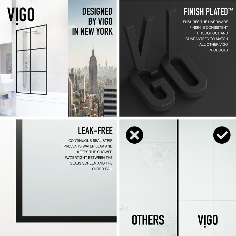 Écran de baignoire fixe encadré avec verre 3/8 po Ventana l 34 po x H 62 po, Noir mat transparent