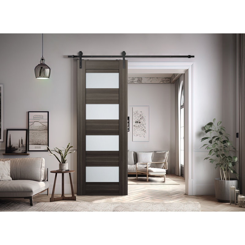 Porte de grange à panneaux et en bois avec trousse de quincaillerie d'installation, Chêne gris, 35,875 po x 95,24 po