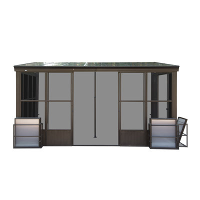 Véranda 12 x 14 pi toutes saisons avec fenêtres PC amovibles, pavillon de jardin en aluminium avec 2 portes coulissantes verrouillables pour patio