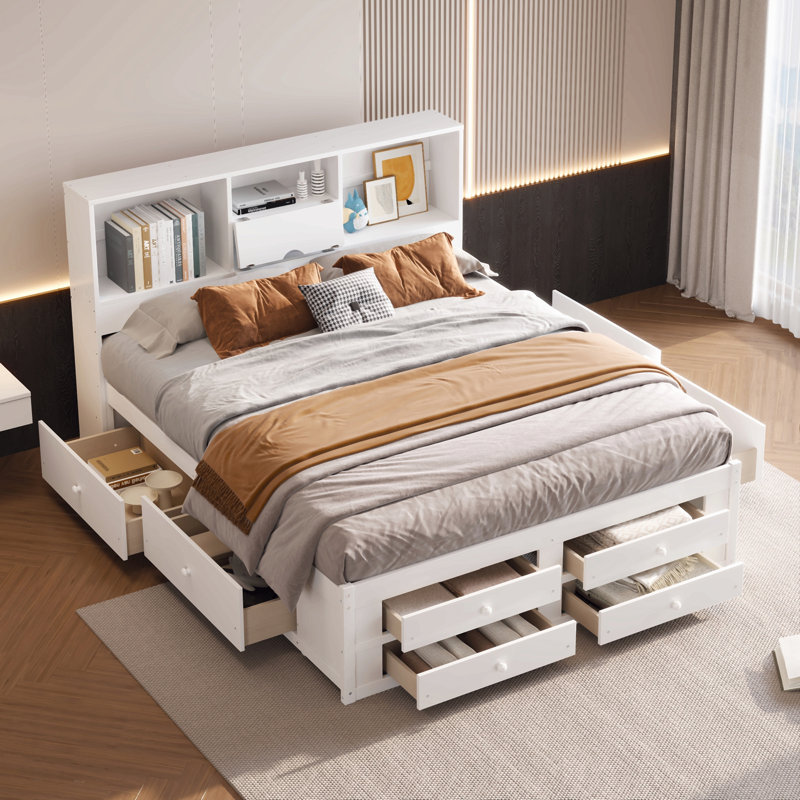 Lit plateforme avec tête de lit avec rangement et 8 tiroirs, King, White