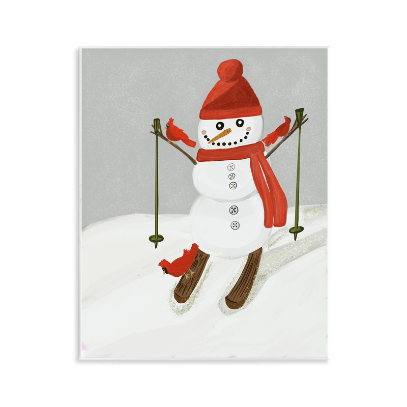 Plaque de bonhomme de neige skiant avec cardinaux, design par Kristal Clifford