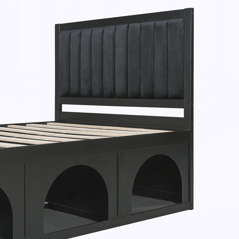 Lit plateforme double pour animaux de compagnie avec coin-repas, cadre de lit robuste, Double, Black