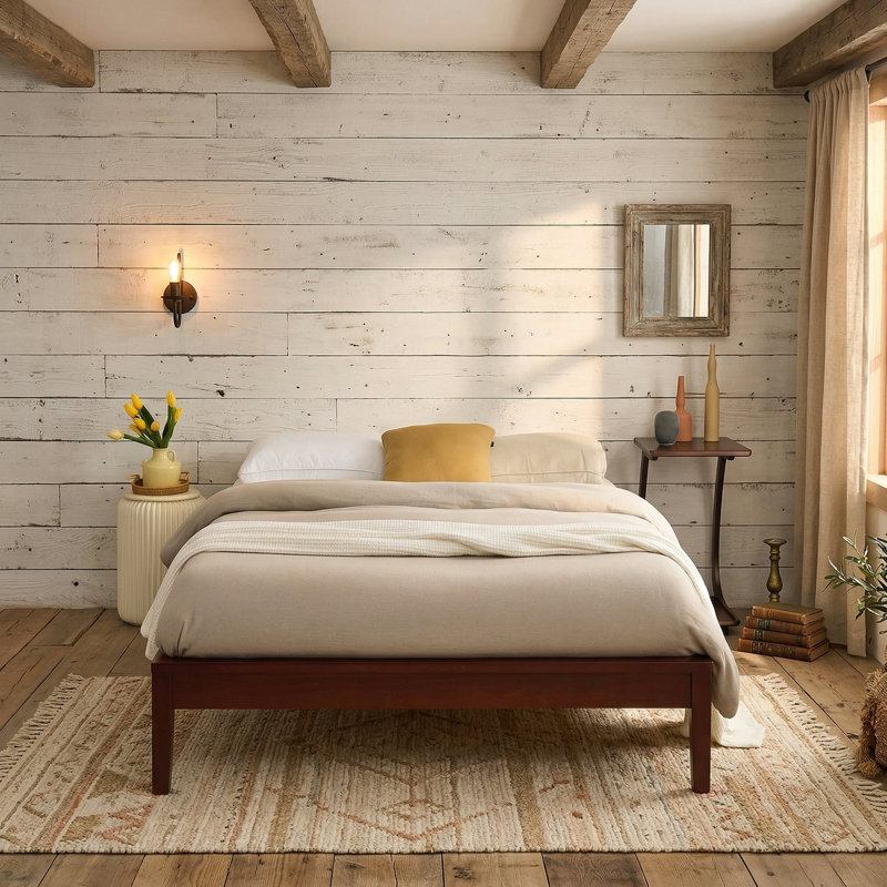 Solid Pine Wood Platform Bed Frame, Mahogany, Queen