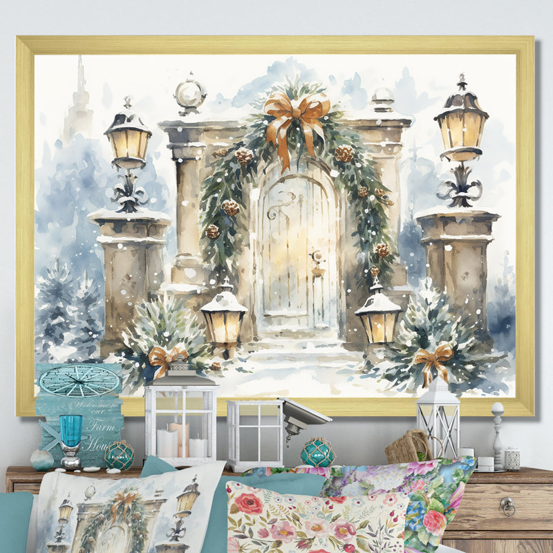 Art mural de Noël, porte de guirlande de Noël en hiver 4, Cadre flottant brun, H 12 po x l 20 po x P 1 po