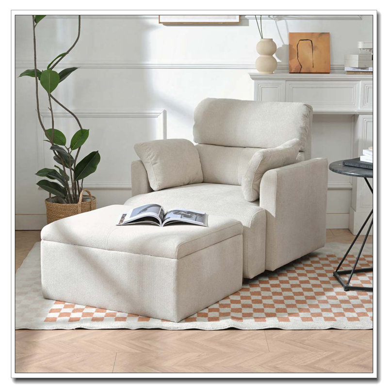 Oversized Armchair with Storage Ottoman,Upholstered Lounge Chair, Beige Grey