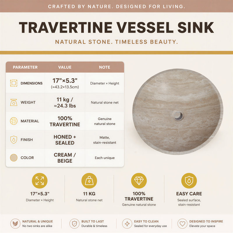 17 Inch Travertine Stone Bathroom Round Vessel Sink, Bowl Basin, Travertine