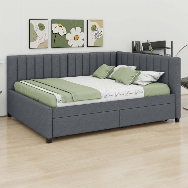Aynslie Full Size Upholstered Daybed with 2 Storage Drawers Sofa Bed Frame, Gray