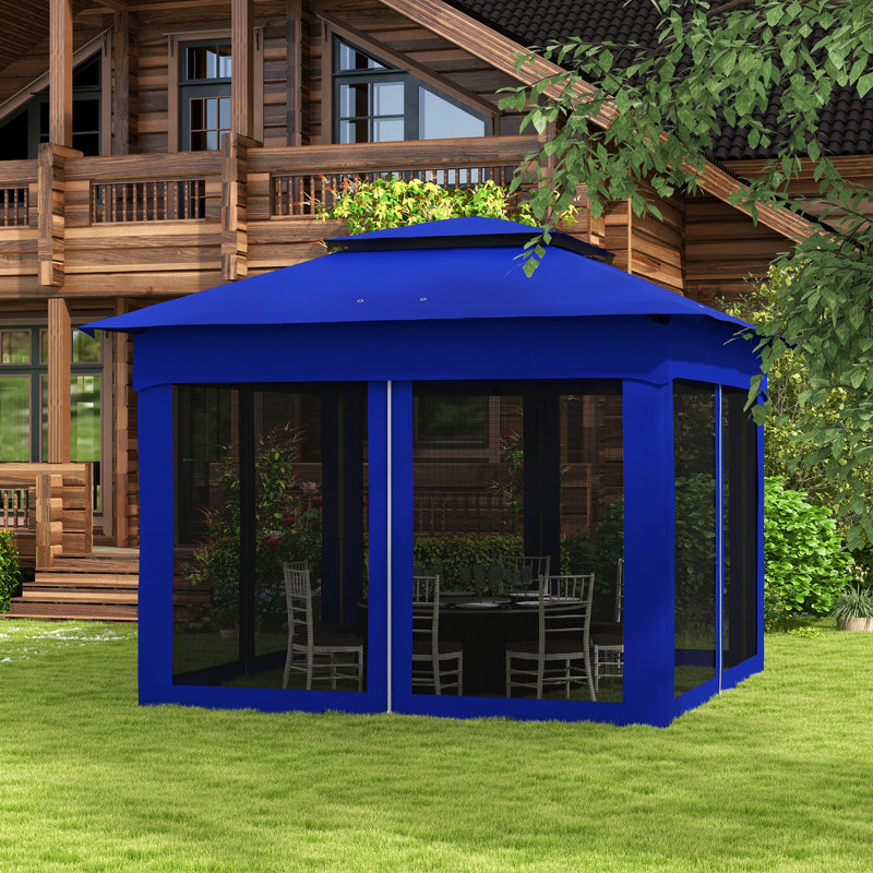 Auvent escamotable 11 pi x 11 pi, abri de patio extérieur avec filet amovible, tente instantanée, auvent de jardin bleu, pavillon de jardin