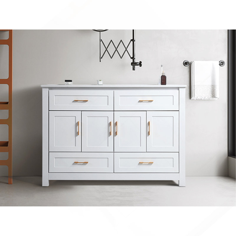 Ensemble de meuble-lavabo blanc 48 po avec lavabo en céramique, armoire de rangement abondante, 4 portes à fermeture douce et 4 tiroirs