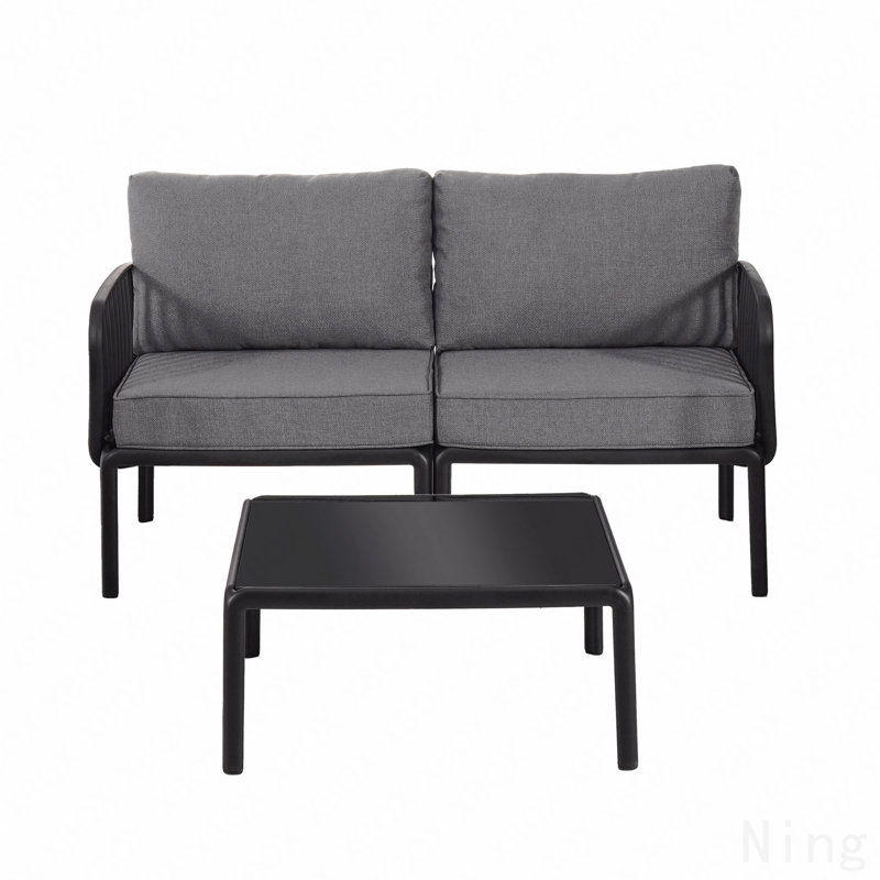 Ensemble de conversation pour patio 3 pièces, ensemble de mobilier modulaire d'extérieur moderne avec table basse carrée, coussin épais et imperméable pour porche, balcon, gris clair