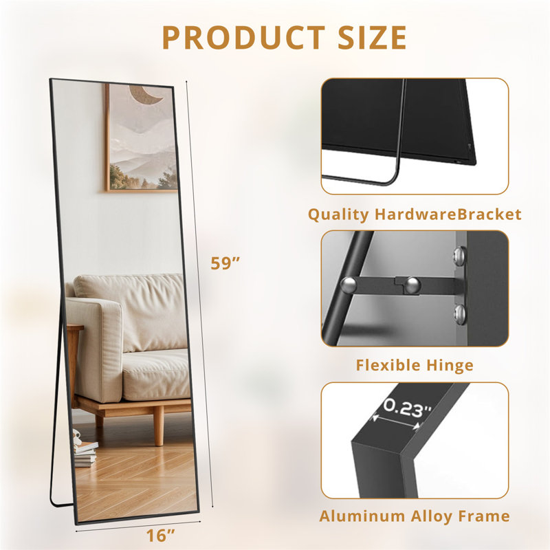 Miroir de plancher pleine longueur, 59 po x 16 po, Noir