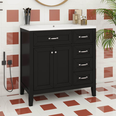 36" Bathroom Vanity Without Sink, Cabinet Base Only, Bathroom Cabinet With 3 Drawers And 2 Doors, Solid Wood Vanity Frame