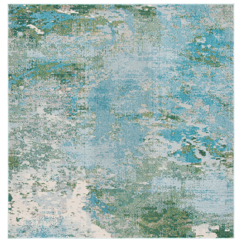 Etta Abstract Light Blue/Green Area Rug, Square 8', Light Blue/Green