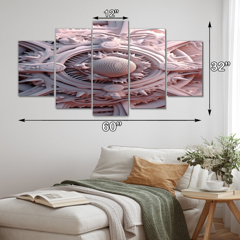 «Alien Fractal Space Universe» en 3D rose, art mural sur toile Fractals - 5 panneaux